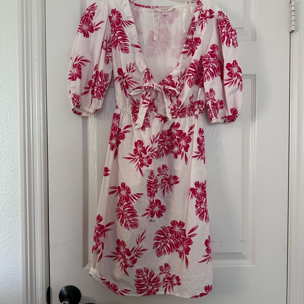 NWOT Sim & Sam Red White Beachy Lined Puff Sleeve Mini Dress Womens Size XS